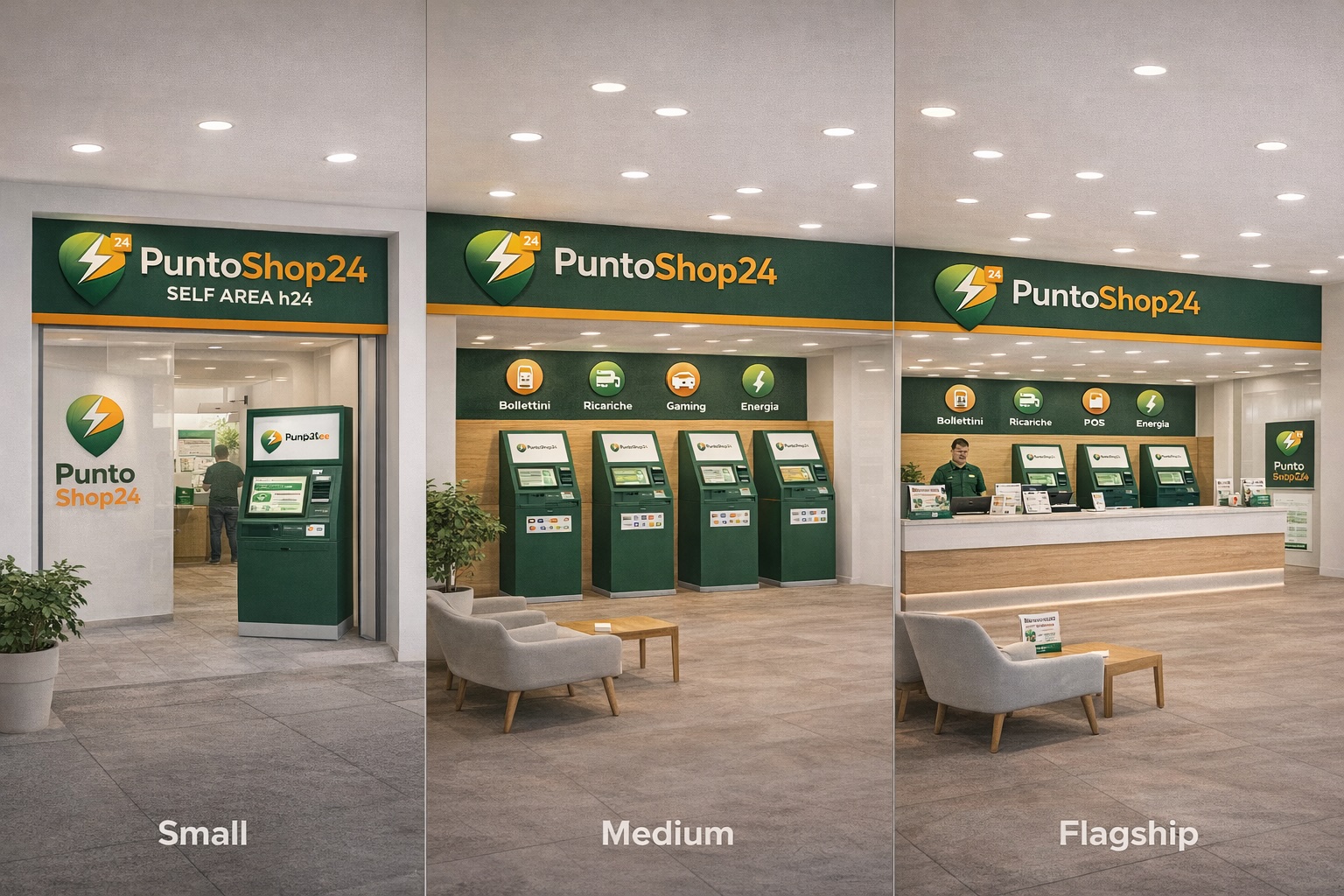 Mockup dei format PuntoShop24 Small, Medium e Flagship