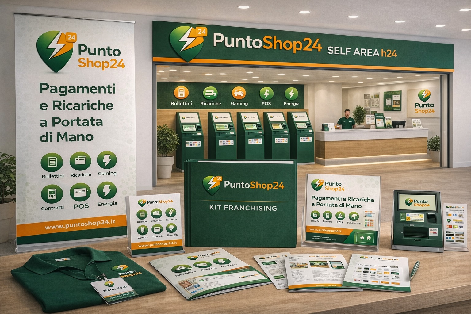 Kit franchising PuntoShop24 con brochure, materiali e allestimento